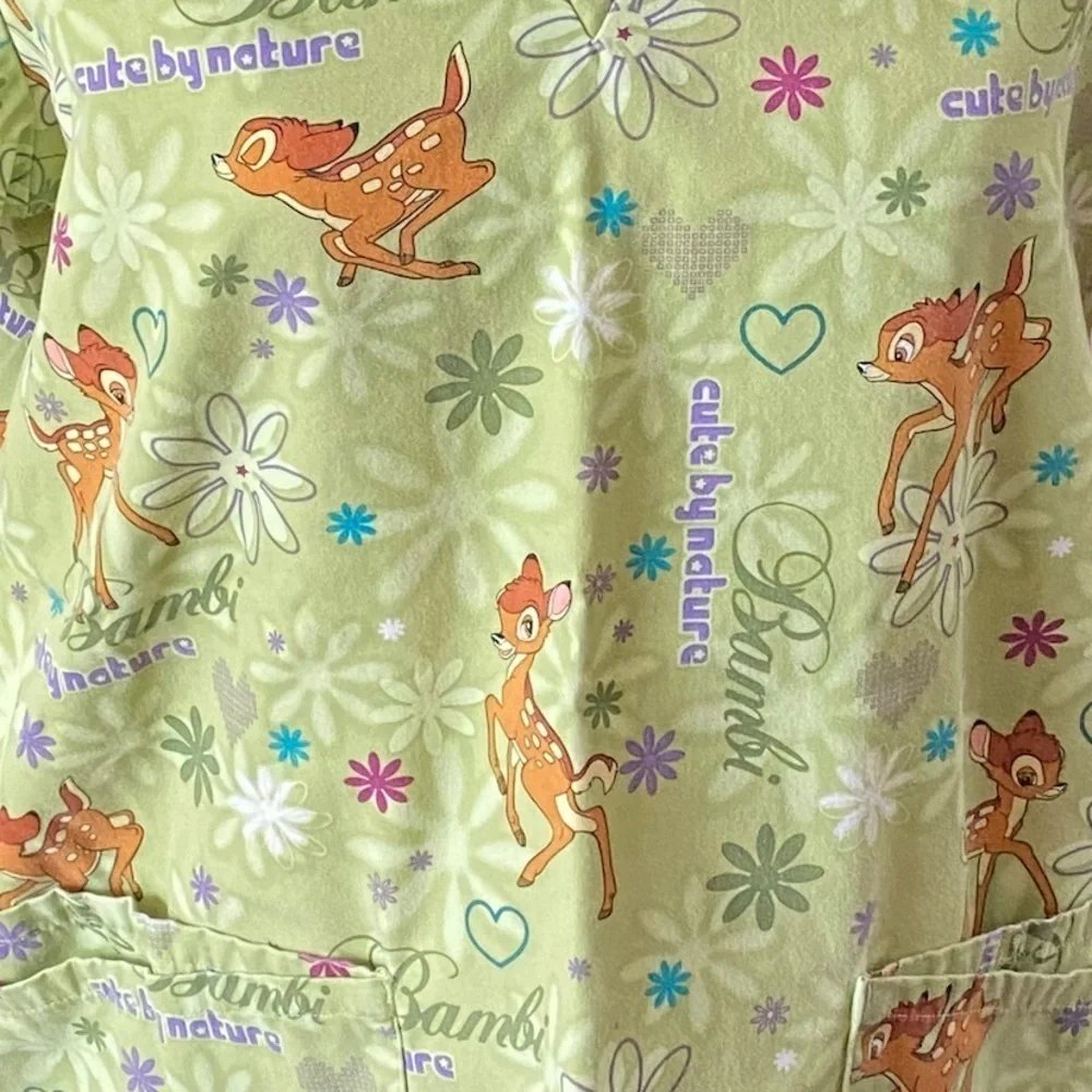 Disney Small Bright Green Bambi V Neck Short Sleeve Scrub Top - Picture 3 of 6